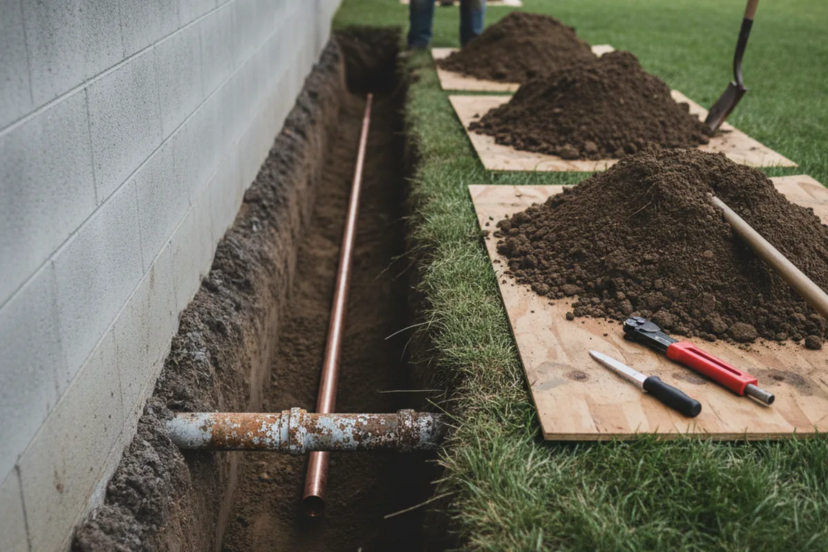 Excavated water line trench during Water Softener Installation in Sumner